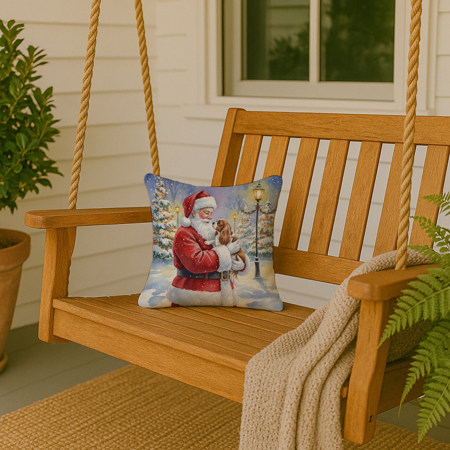 Cavalier Spaniel with Santa Claus Decorative Throw Pillow 14x14 Indoor Outdoor Accent Cushion, Fabric Cover with Insert for Sofa, Bed, Porch & Living Room