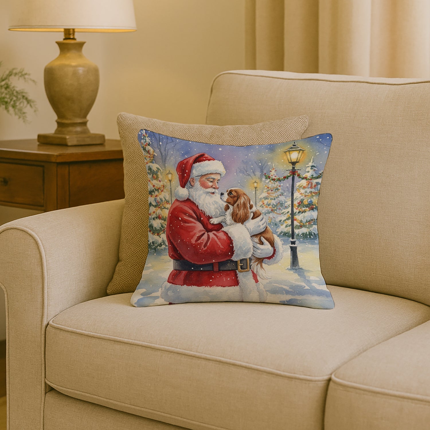 Cavalier Spaniel with Santa Claus Decorative Throw Pillow 18x18 Indoor Outdoor Accent Cushion, Fabric Cover with Insert for Sofa, Bed, Porch & Living Room