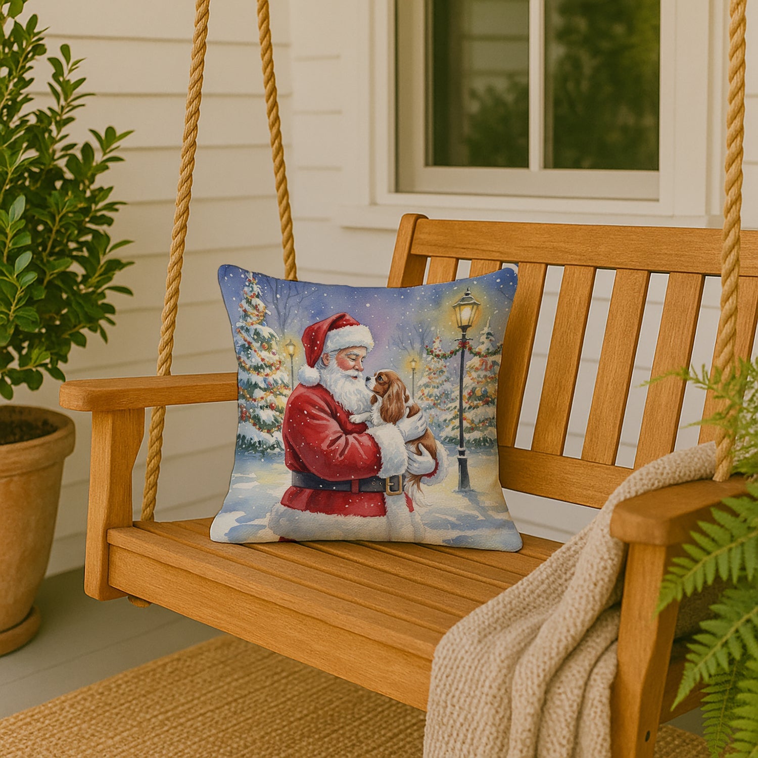 Cavalier Spaniel with Santa Claus Decorative Throw Pillow 18x18 Indoor Outdoor Accent Cushion, Fabric Cover with Insert for Sofa, Bed, Porch & Living Room