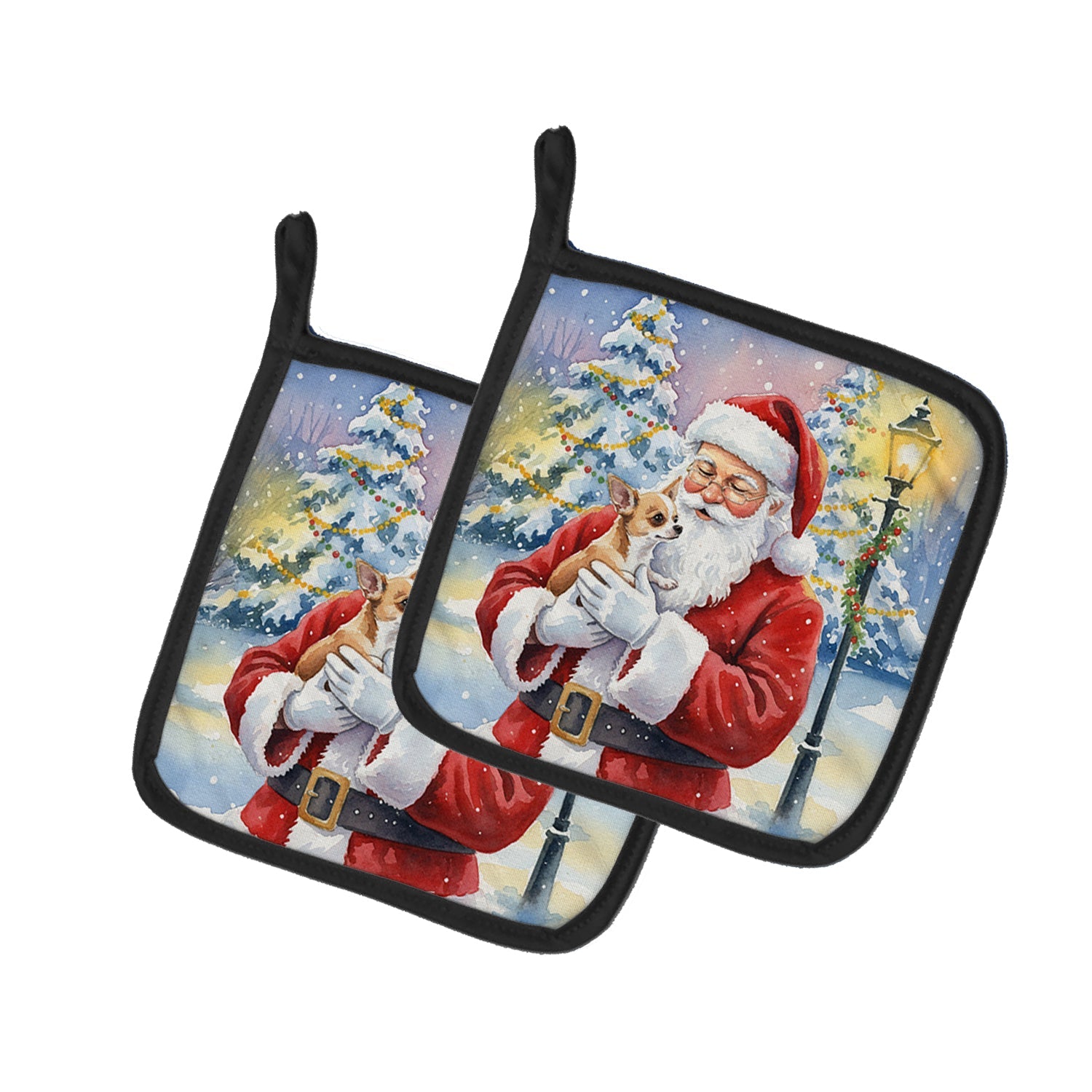 Chihuahua with Santa Claus Pot Holder Set of 2 Heat Resistant Quilted Hot Pads 7.5 x 7.5 Inch, Insulated Kitchen Trivets for Cooking & Baking