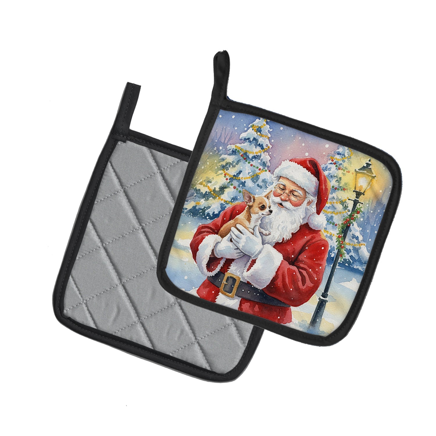 Chihuahua with Santa Claus Pot Holder Set of 2 Heat Resistant Quilted Hot Pads 7.5 x 7.5 Inch, Insulated Kitchen Trivets for Cooking & Baking