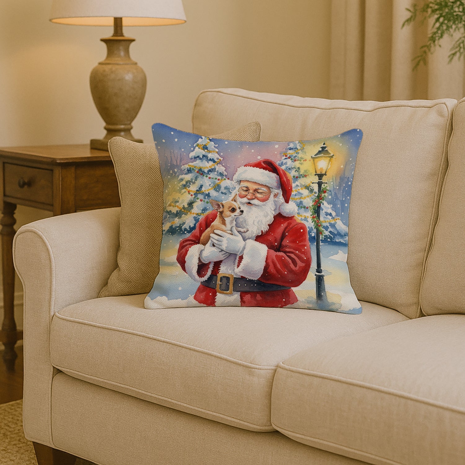 Chihuahua with Santa Claus Decorative Throw Pillow 14x14 Indoor Outdoor Accent Cushion, Fabric Cover with Insert for Sofa, Bed, Porch & Living Room