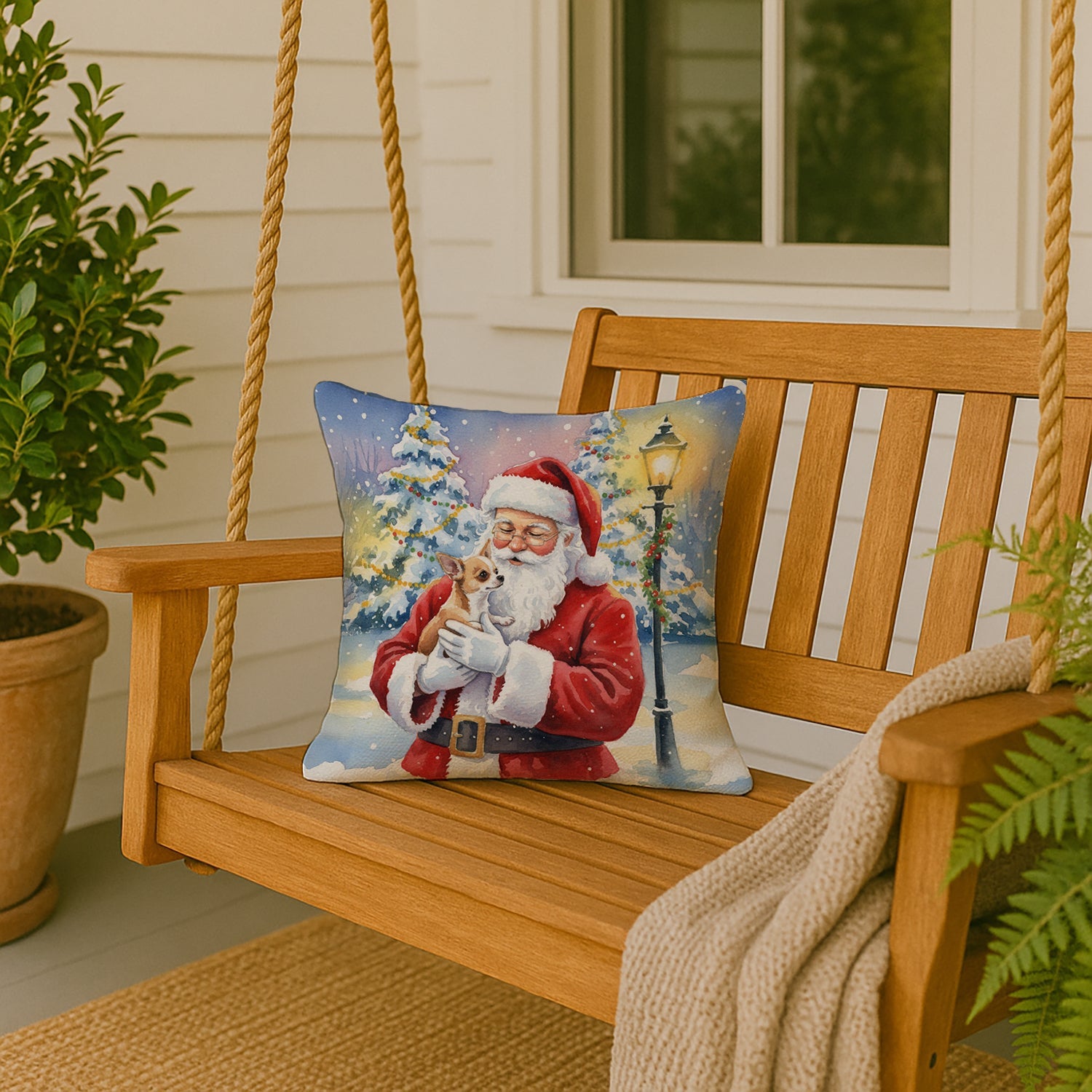 Chihuahua with Santa Claus Decorative Throw Pillow 18x18 Indoor Outdoor Accent Cushion, Fabric Cover with Insert for Sofa, Bed, Porch & Living Room