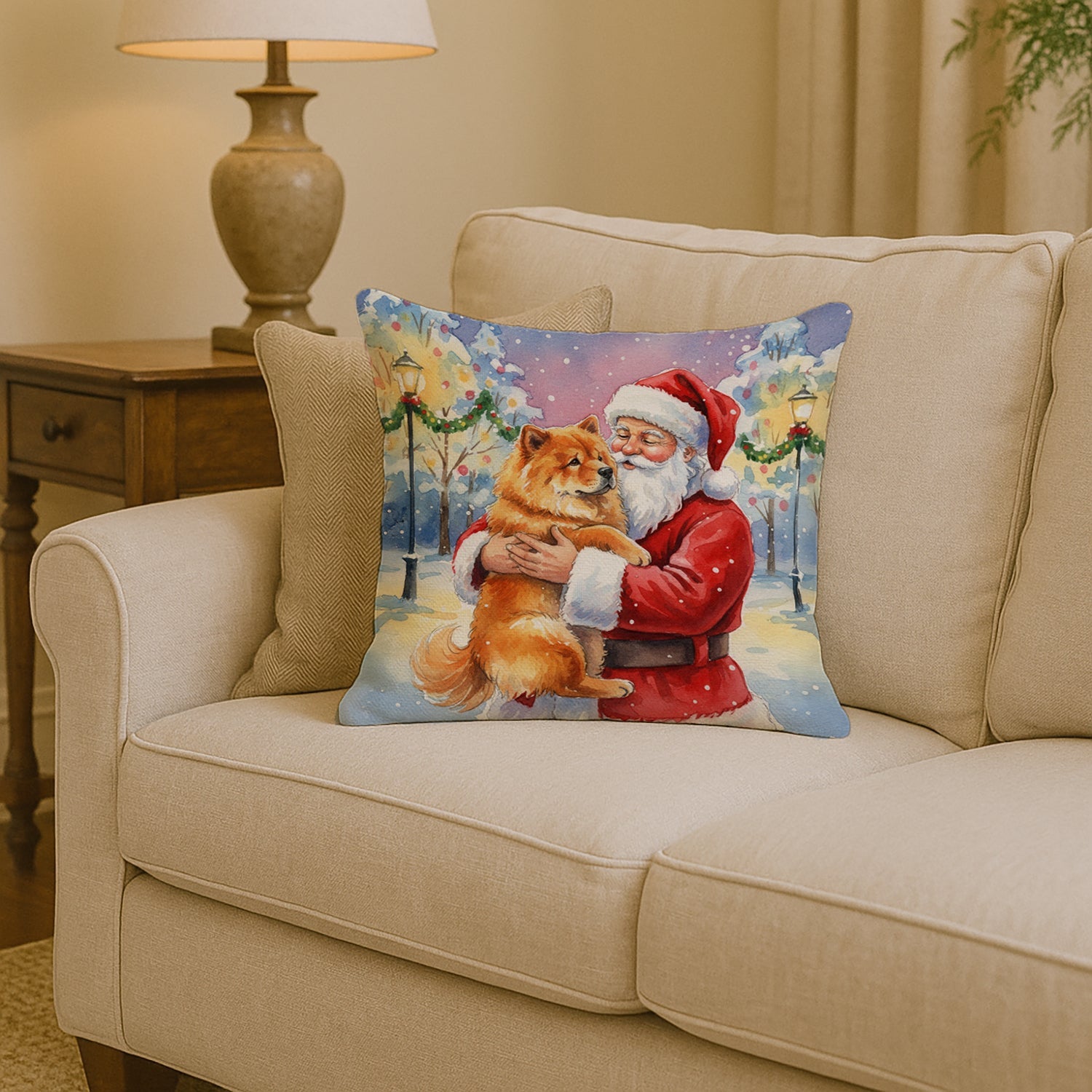 Chow Chow with Santa Claus Decorative Throw Pillow 14x14 Indoor Outdoor Accent Cushion, Fabric Cover with Insert for Sofa, Bed, Porch & Living Room