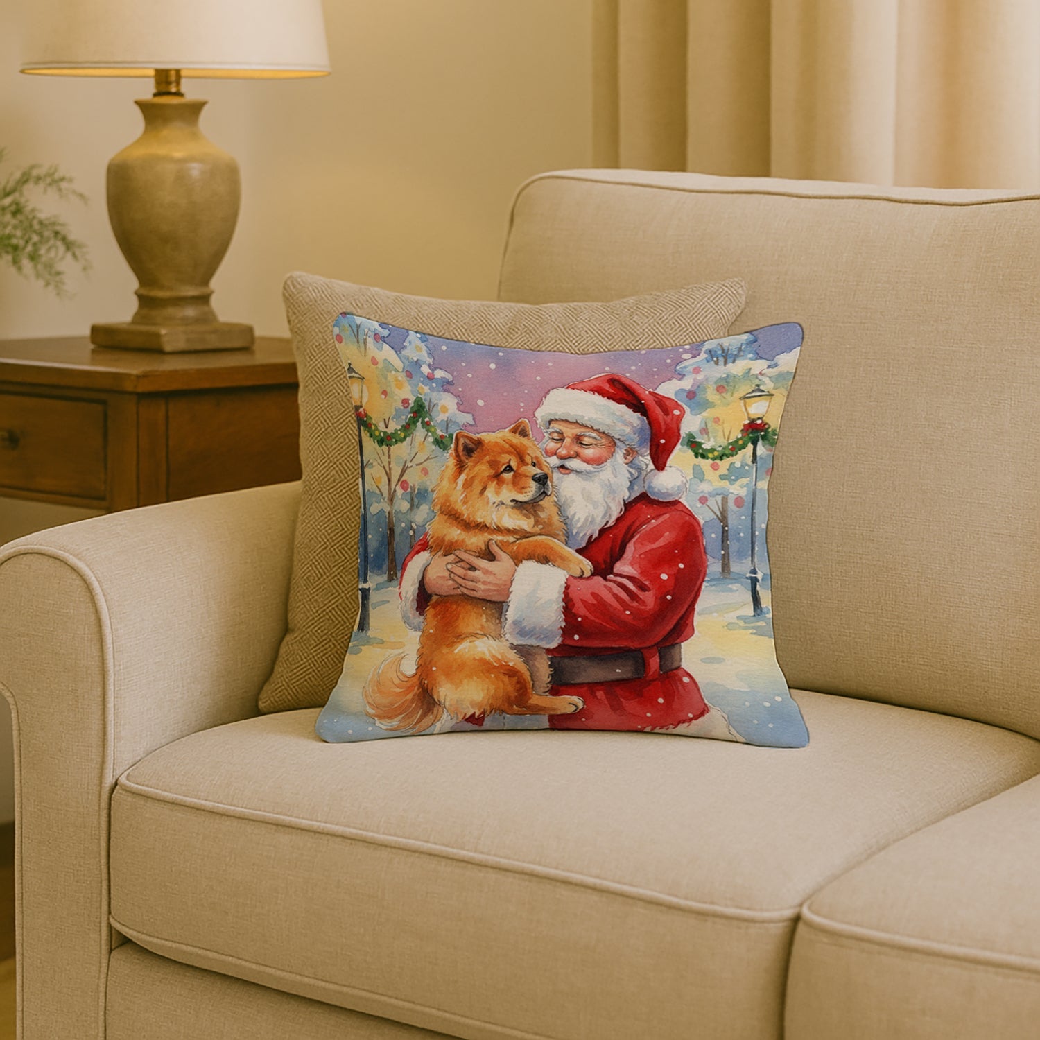 Chow Chow with Santa Claus Decorative Throw Pillow 18x18 Indoor Outdoor Accent Cushion, Fabric Cover with Insert for Sofa, Bed, Porch & Living Room