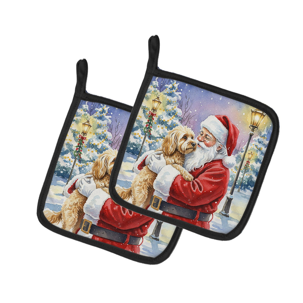 Cockapoo with Santa Claus Pot Holder Set of 2 Heat Resistant Quilted Hot Pads 7.5 x 7.5 Inch, Insulated Kitchen Trivets for Cooking & Baking
