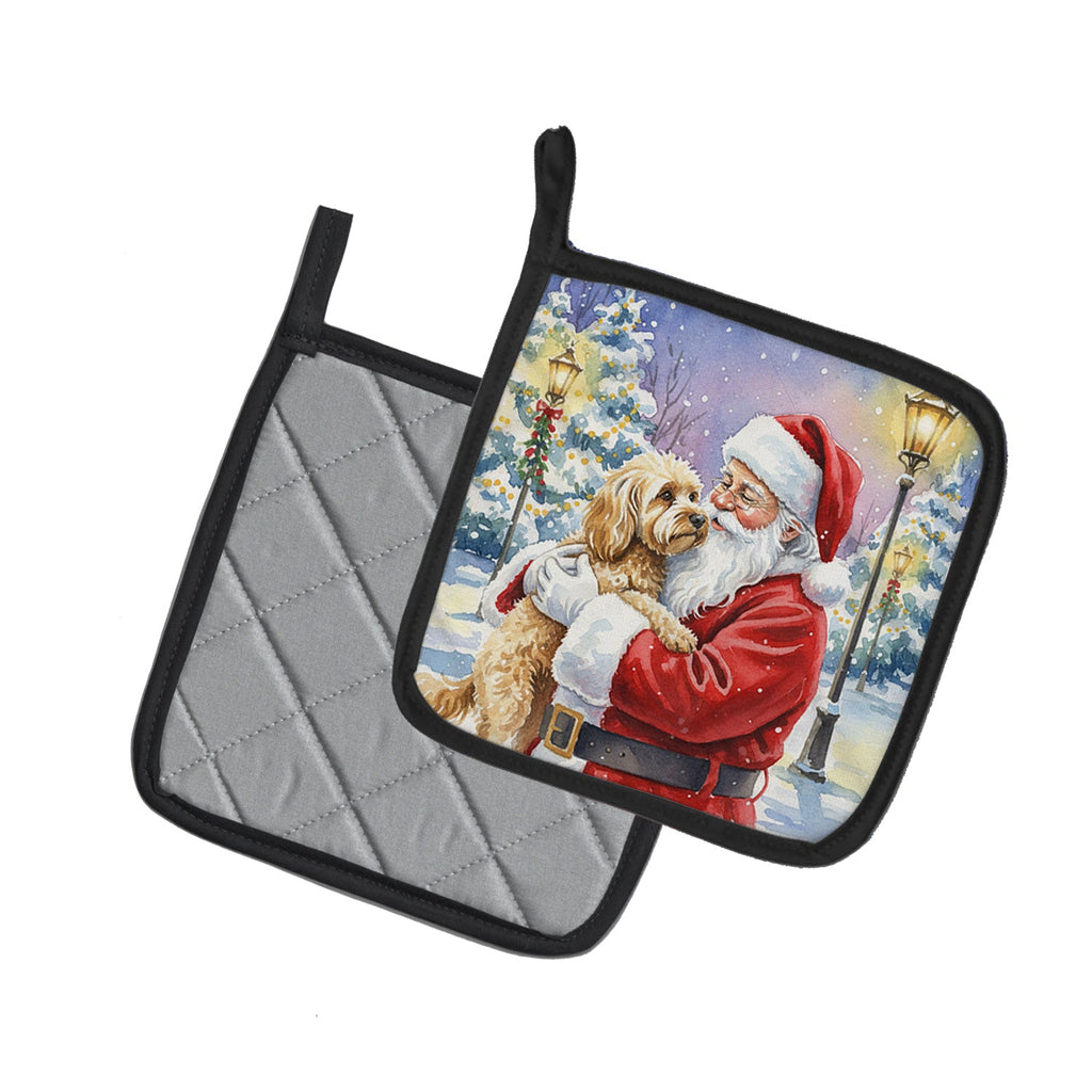 Cockapoo with Santa Claus Pot Holder Set of 2 Heat Resistant Quilted Hot Pads 7.5 x 7.5 Inch, Insulated Kitchen Trivets for Cooking & Baking