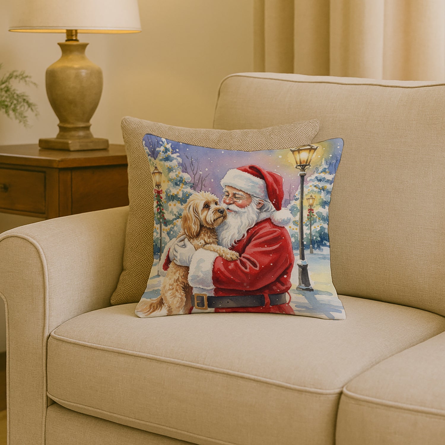 Cockapoo with Santa Claus Decorative Throw Pillow 18x18 Indoor Outdoor Accent Cushion, Fabric Cover with Insert for Sofa, Bed, Porch & Living Room