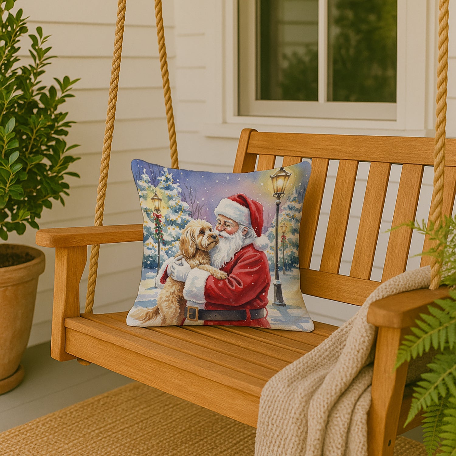 Cockapoo with Santa Claus Decorative Throw Pillow 18x18 Indoor Outdoor Accent Cushion, Fabric Cover with Insert for Sofa, Bed, Porch & Living Room