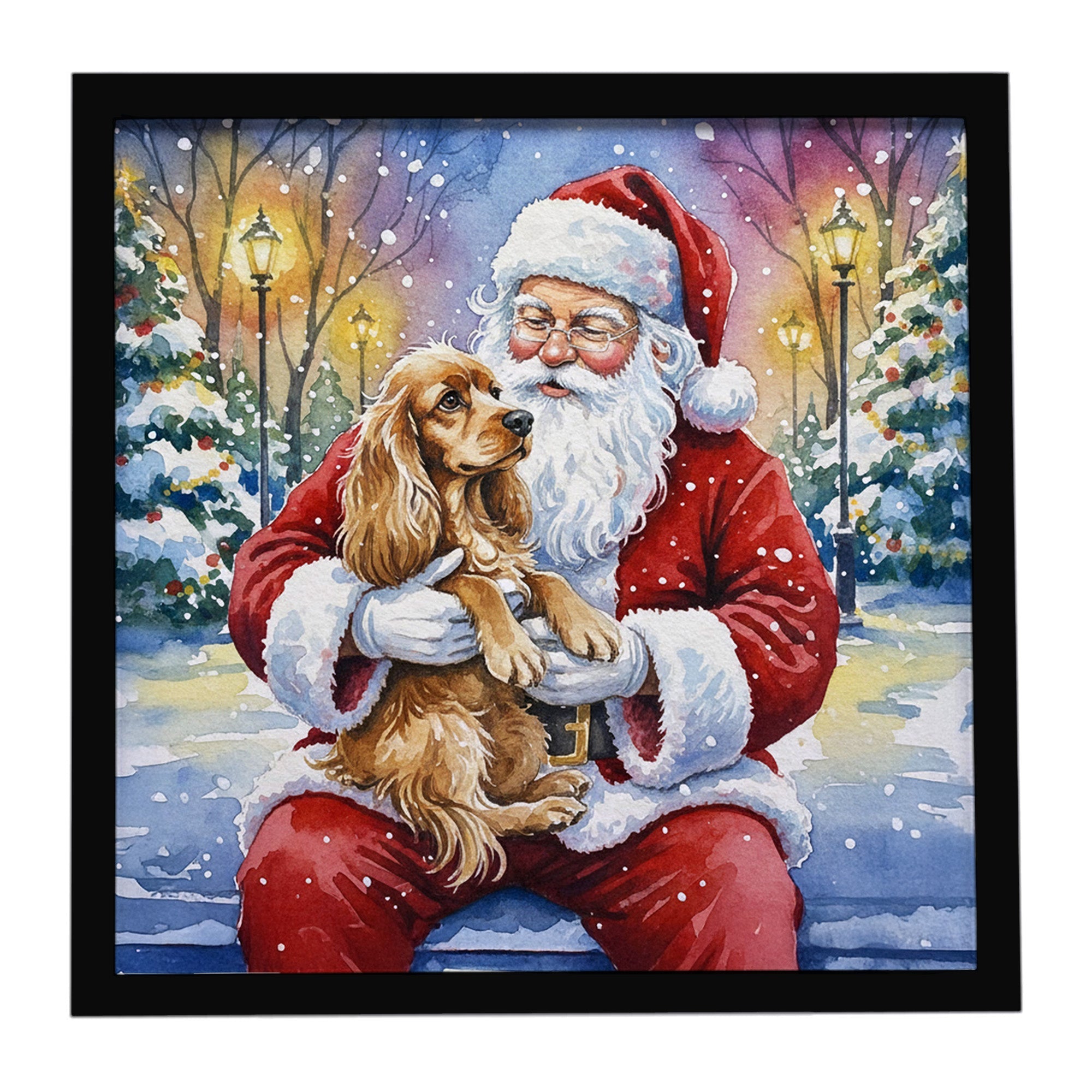Cocker Spaniel with Santa Claus Framed Metal Print Bathroom, Kitchen, Office, Home Decor Wall Art Ready to Hang, Square, 8X8