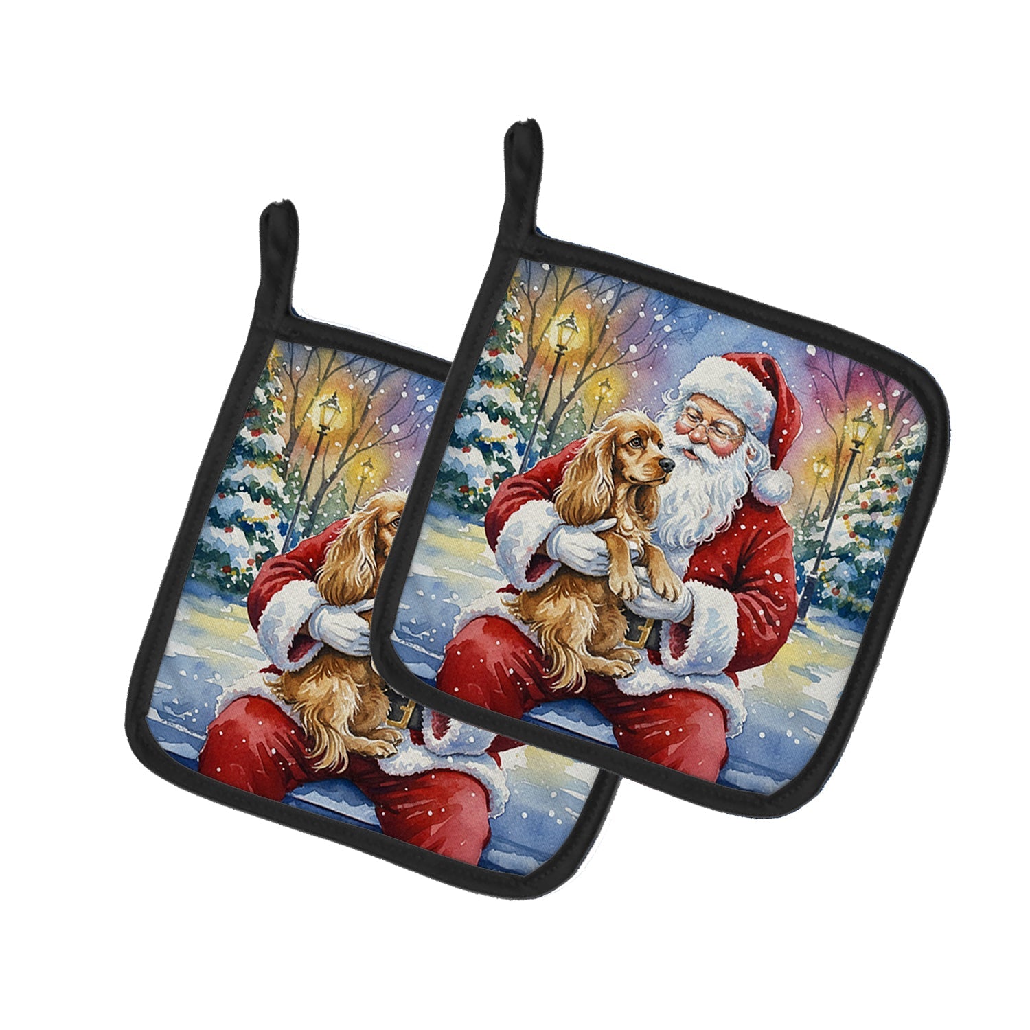 Cocker Spaniel with Santa Claus Pot Holder Set of 2 Heat Resistant Quilted Hot Pads 7.5 x 7.5 Inch, Insulated Kitchen Trivets for Cooking & Baking
