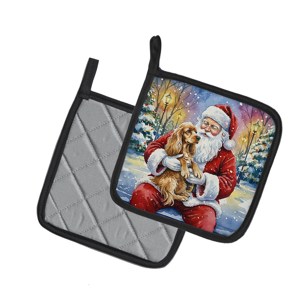 Cocker Spaniel with Santa Claus Pot Holder Set of 2 Heat Resistant Quilted Hot Pads 7.5 x 7.5 Inch, Insulated Kitchen Trivets for Cooking & Baking