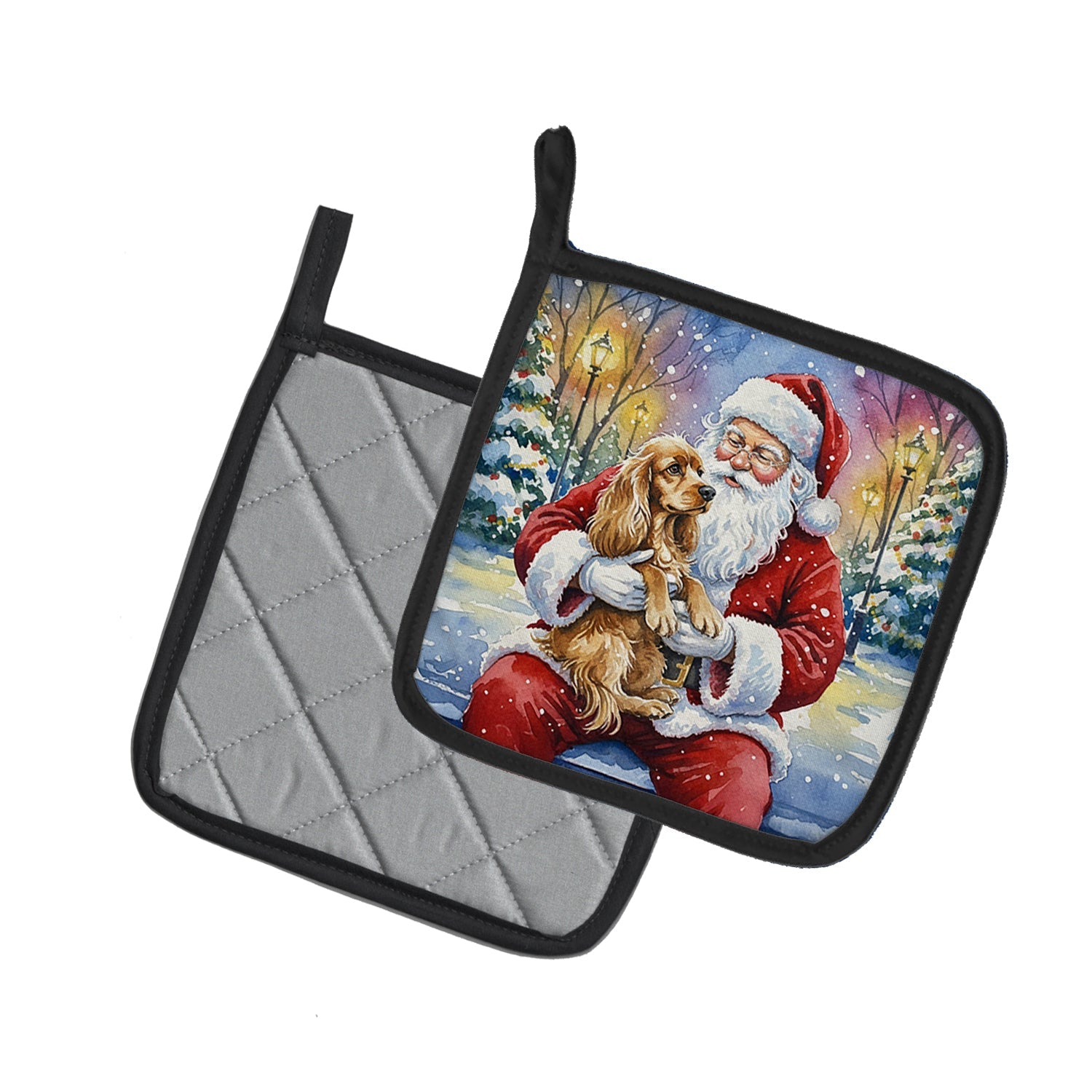 Cocker Spaniel with Santa Claus Pot Holder Set of 2 Heat Resistant Quilted Hot Pads 7.5 x 7.5 Inch, Insulated Kitchen Trivets for Cooking & Baking
