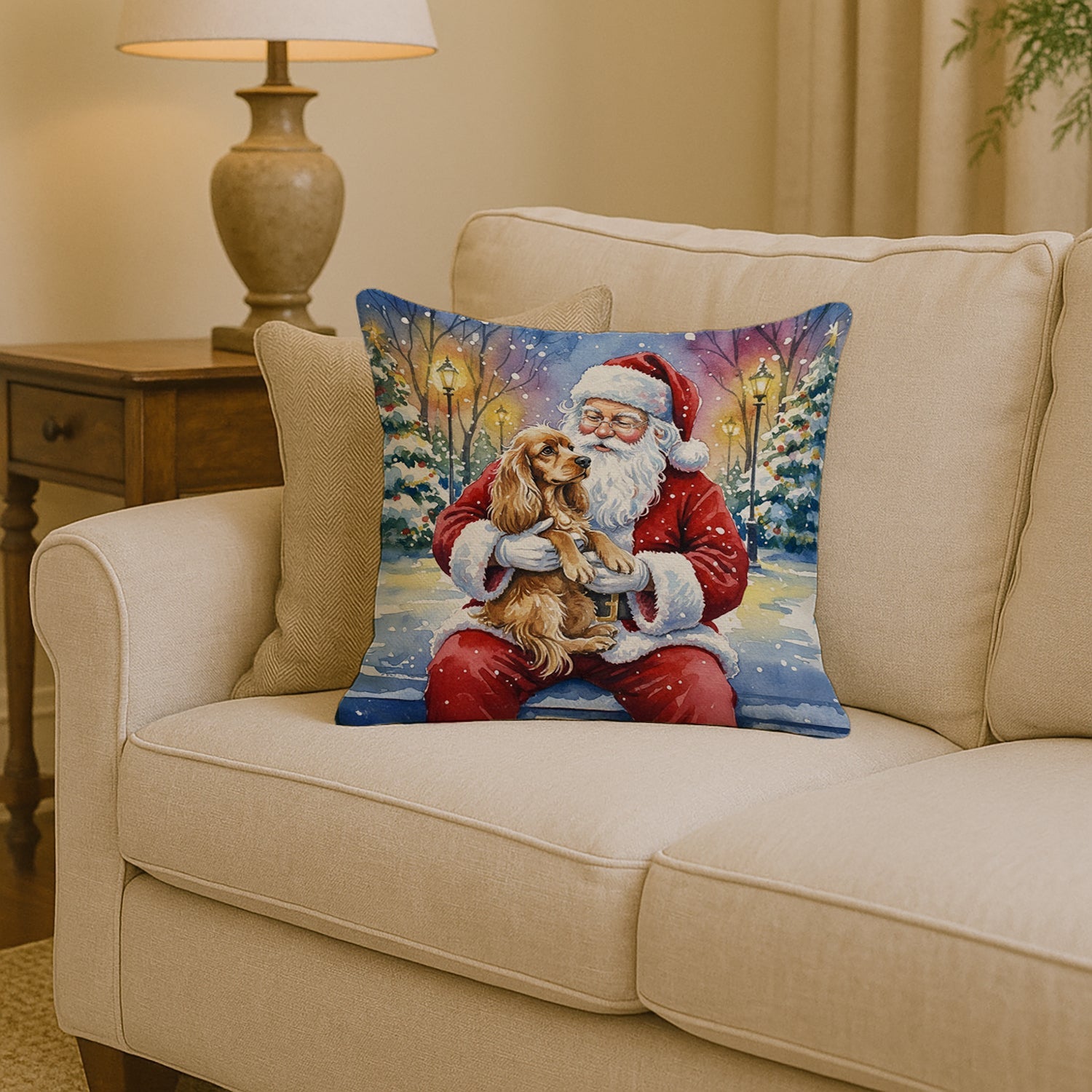 Cocker Spaniel with Santa Claus Decorative Throw Pillow 14x14 Indoor Outdoor Accent Cushion, Fabric Cover with Insert for Sofa, Bed, Porch & Living Room