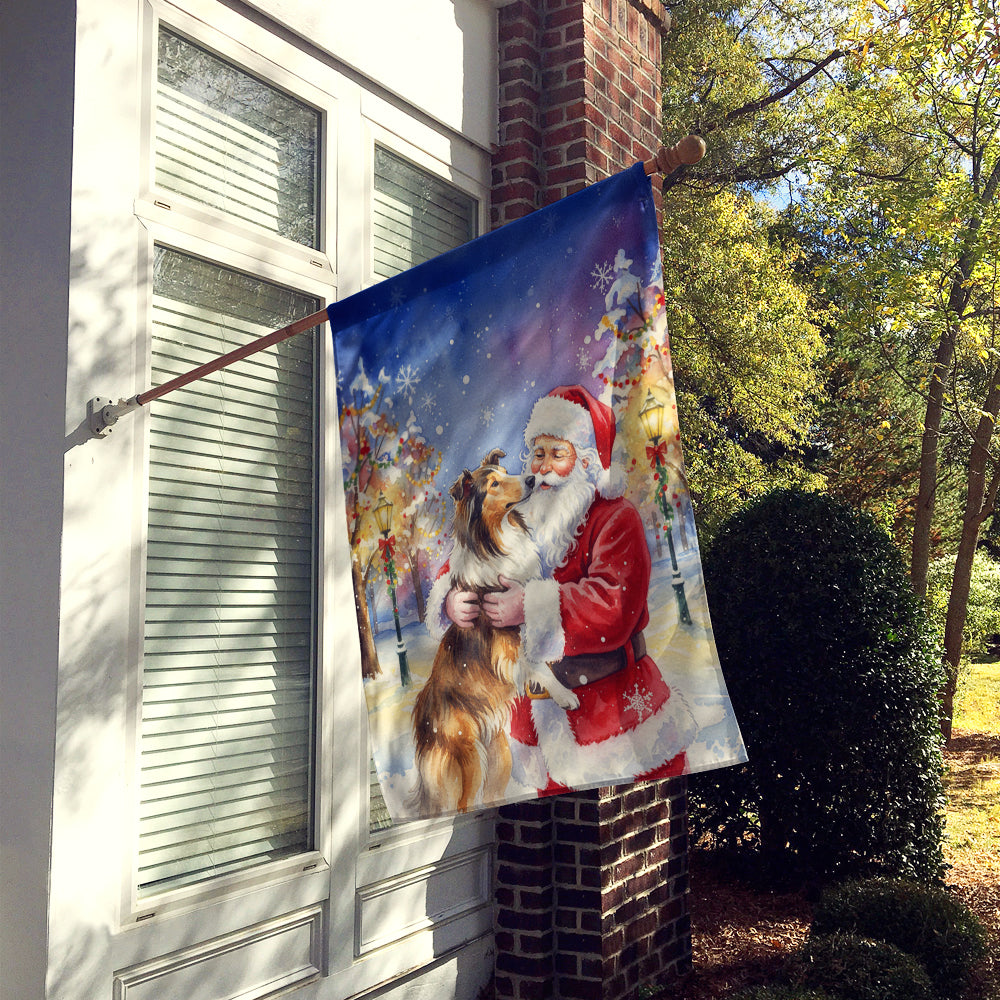 Collie with Santa Claus House Flag 28x40 Porch Sleeve Pole Decorative Outside Yard Banner Artwork Wall Hanging, Polyester