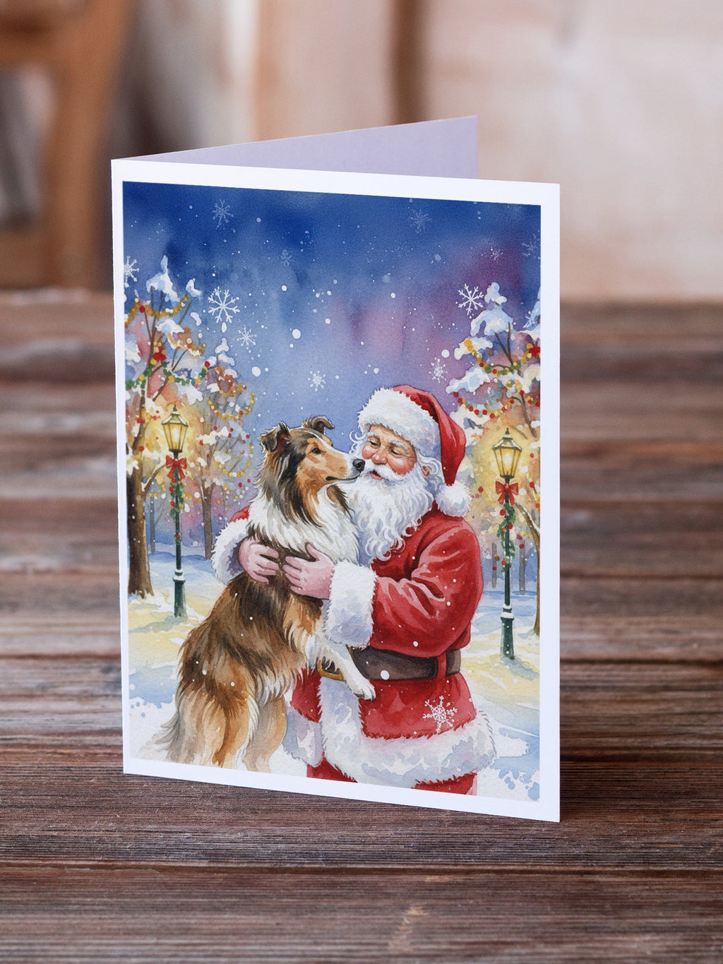 Collie with Santa Claus Greeting Cards Pack of 8 Blank Cards with Envelopes Whimsical A7 Size 5x7