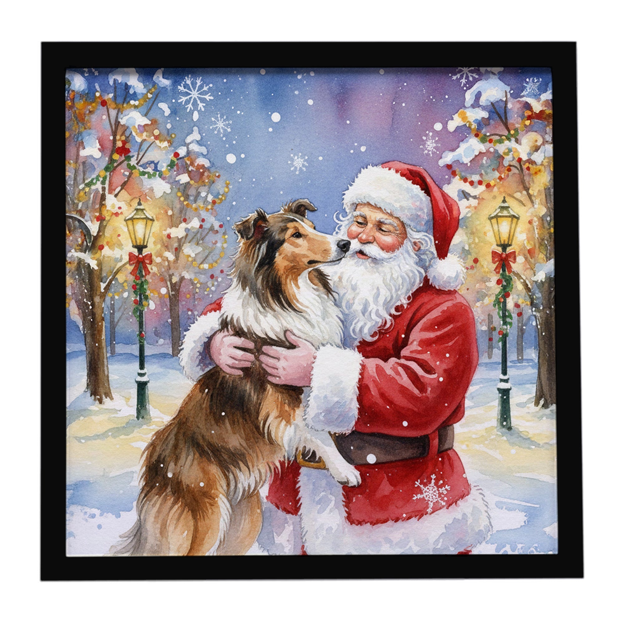 Collie with Santa Claus Framed Metal Print Bathroom, Kitchen, Office, Home Decor Wall Art Ready to Hang, Square, 8X8