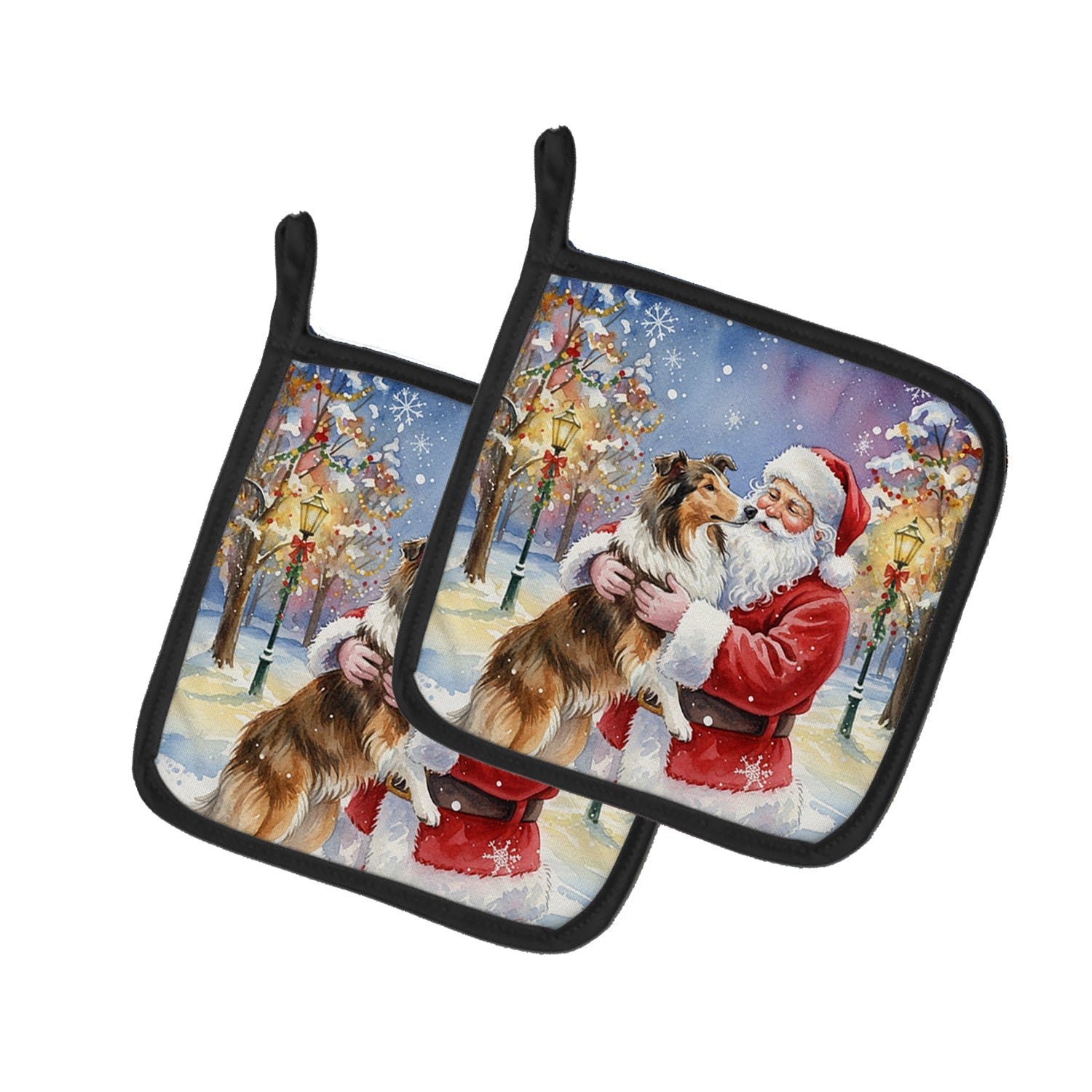 Collie with Santa Claus Pot Holder Set of 2 Heat Resistant Quilted Hot Pads 7.5 x 7.5 Inch, Insulated Kitchen Trivets for Cooking & Baking