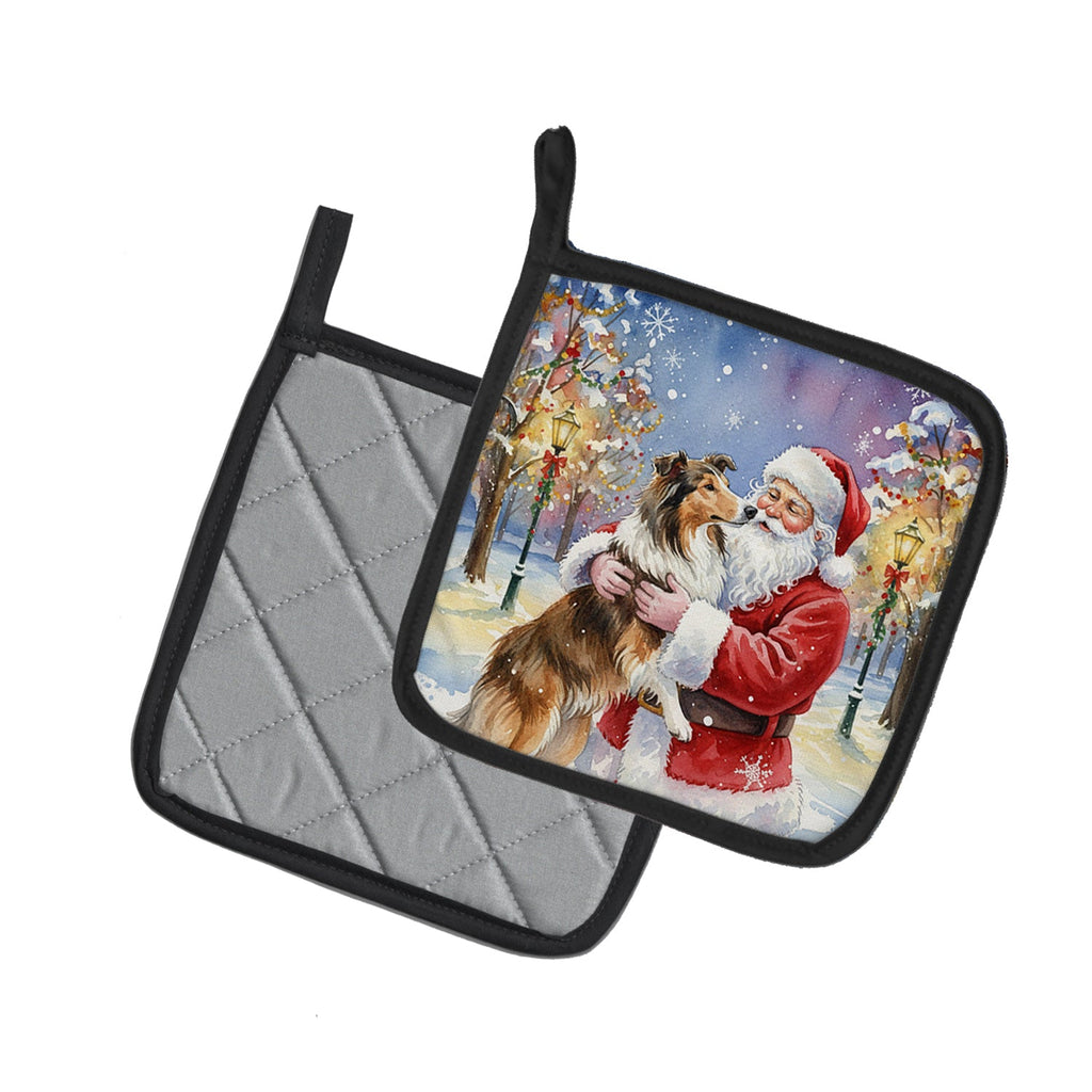 Collie with Santa Claus Pot Holder Set of 2 Heat Resistant Quilted Hot Pads 7.5 x 7.5 Inch, Insulated Kitchen Trivets for Cooking & Baking