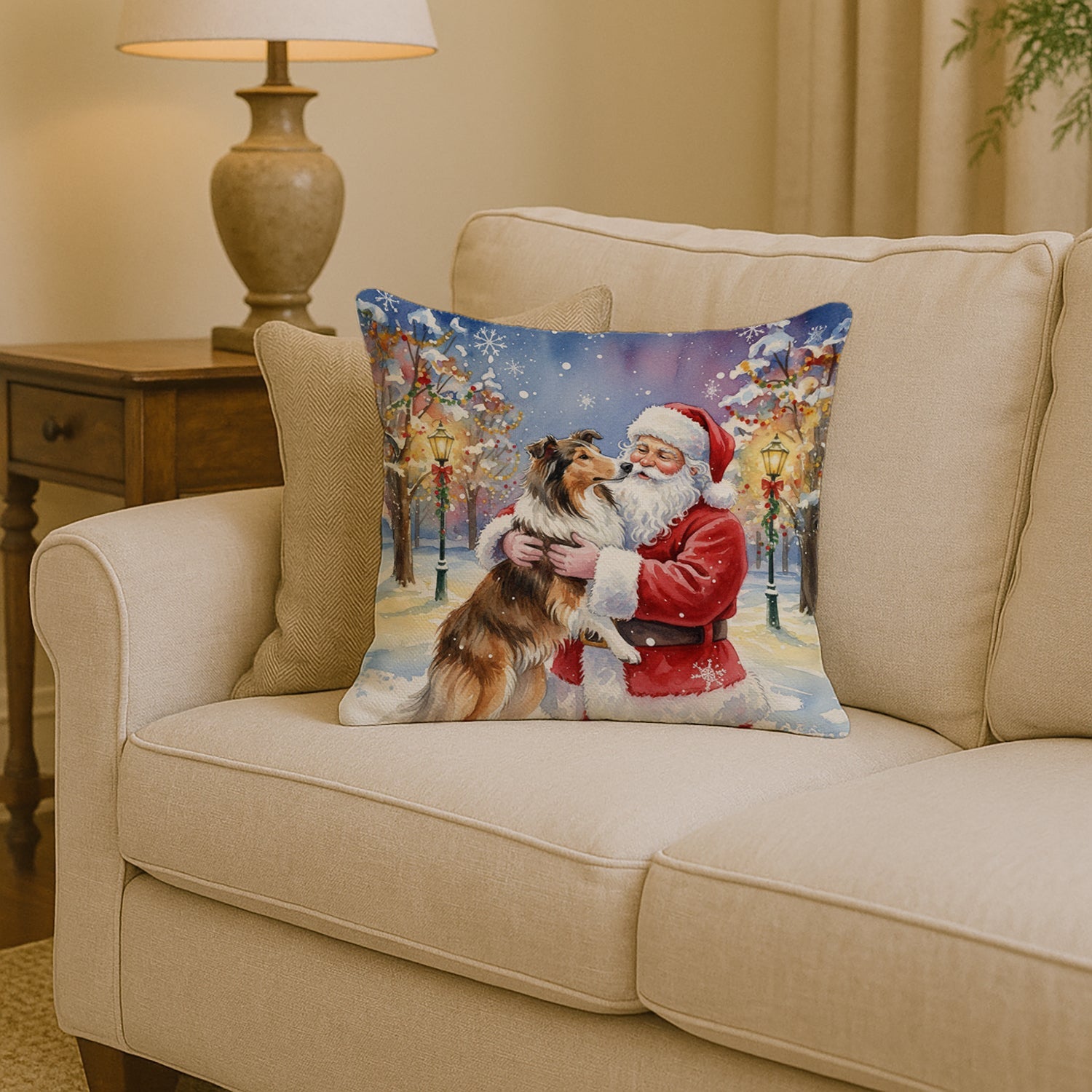 Collie with Santa Claus Decorative Throw Pillow 14x14 Indoor Outdoor Accent Cushion, Fabric Cover with Insert for Sofa, Bed, Porch & Living Room