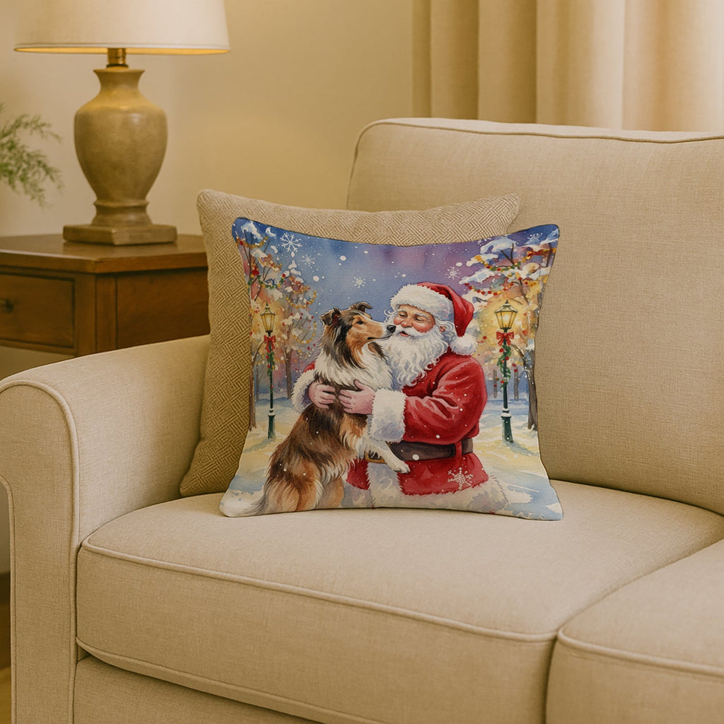Collie with Santa Claus Decorative Throw Pillow 18x18 Indoor Outdoor Accent Cushion, Fabric Cover with Insert for Sofa, Bed, Porch & Living Room