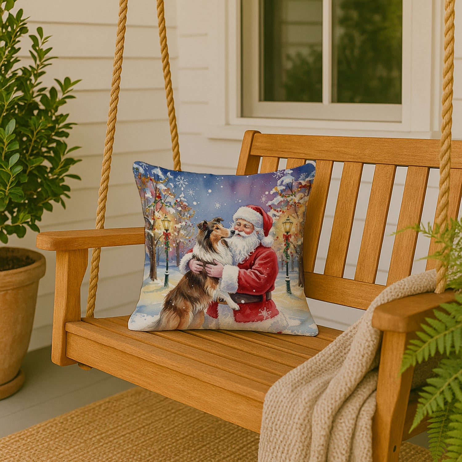 Collie with Santa Claus Decorative Throw Pillow 18x18 Indoor Outdoor Accent Cushion, Fabric Cover with Insert for Sofa, Bed, Porch & Living Room