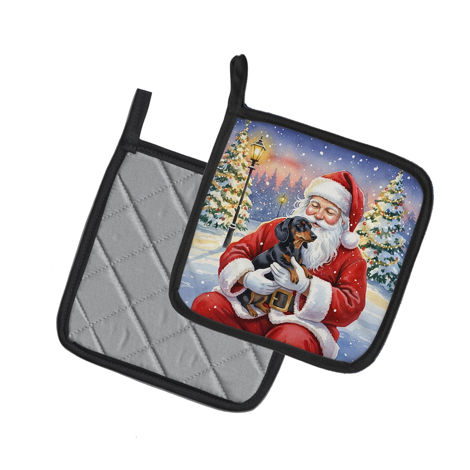 Black and Tan Dachshund with Santa Claus Pot Holder Set of 2 Heat Resistant Quilted Hot Pads 7.5 x 7.5 Inch, Insulated Kitchen Trivets for Cooking & Baking
