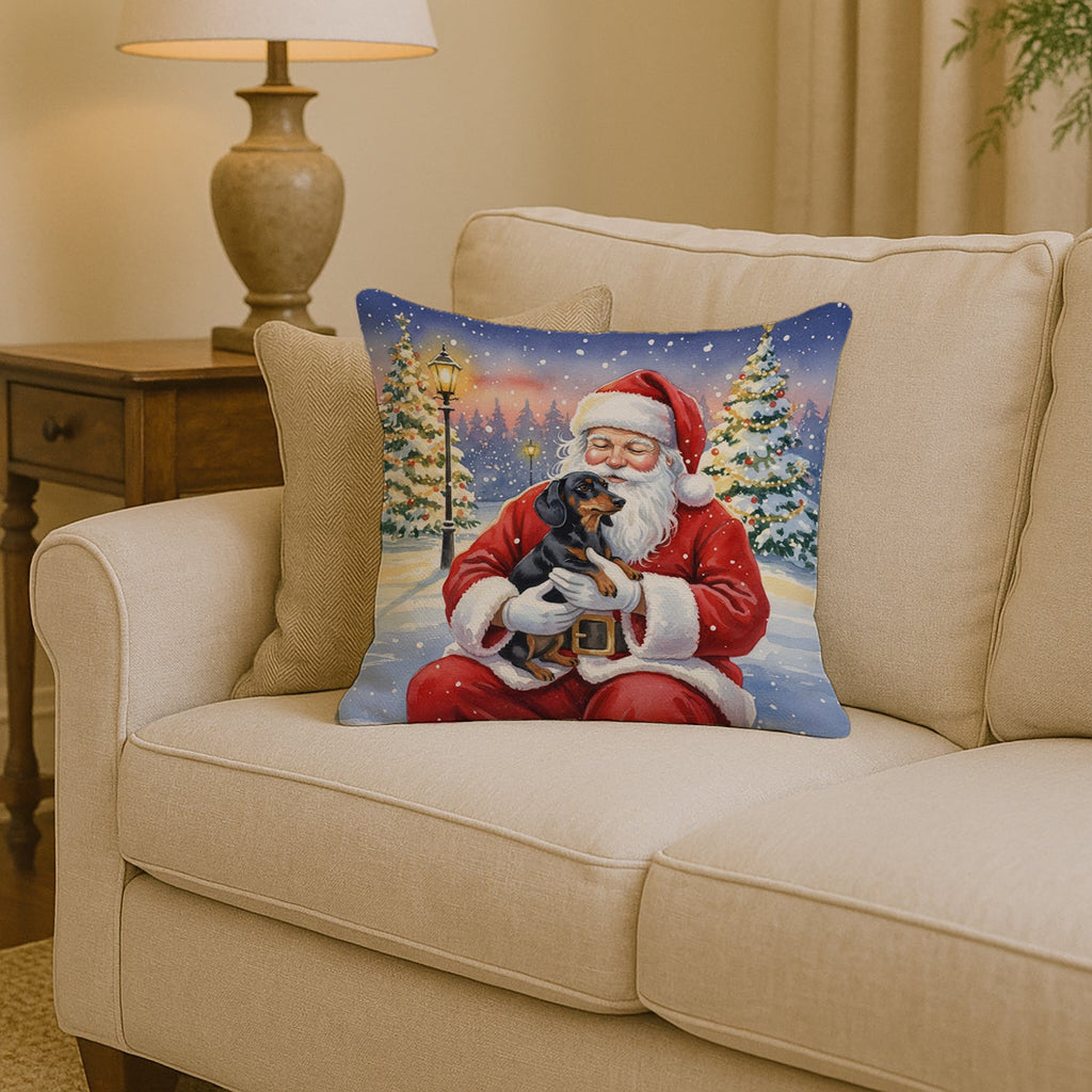 Black and Tan Dachshund with Santa Claus Decorative Throw Pillow 14x14 Indoor Outdoor Accent Cushion, Fabric Cover with Insert for Sofa, Bed, Porch & Living Room
