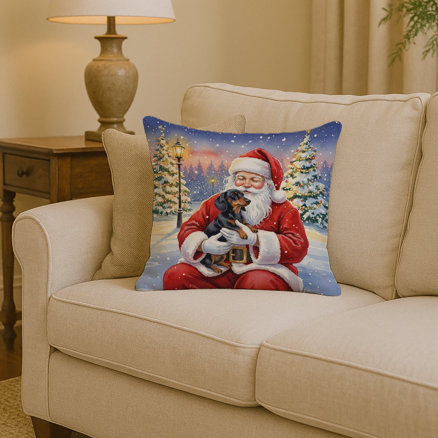 Black and Tan Dachshund with Santa Claus Decorative Throw Pillow 14x14 Indoor Outdoor Accent Cushion, Fabric Cover with Insert for Sofa, Bed, Porch & Living Room