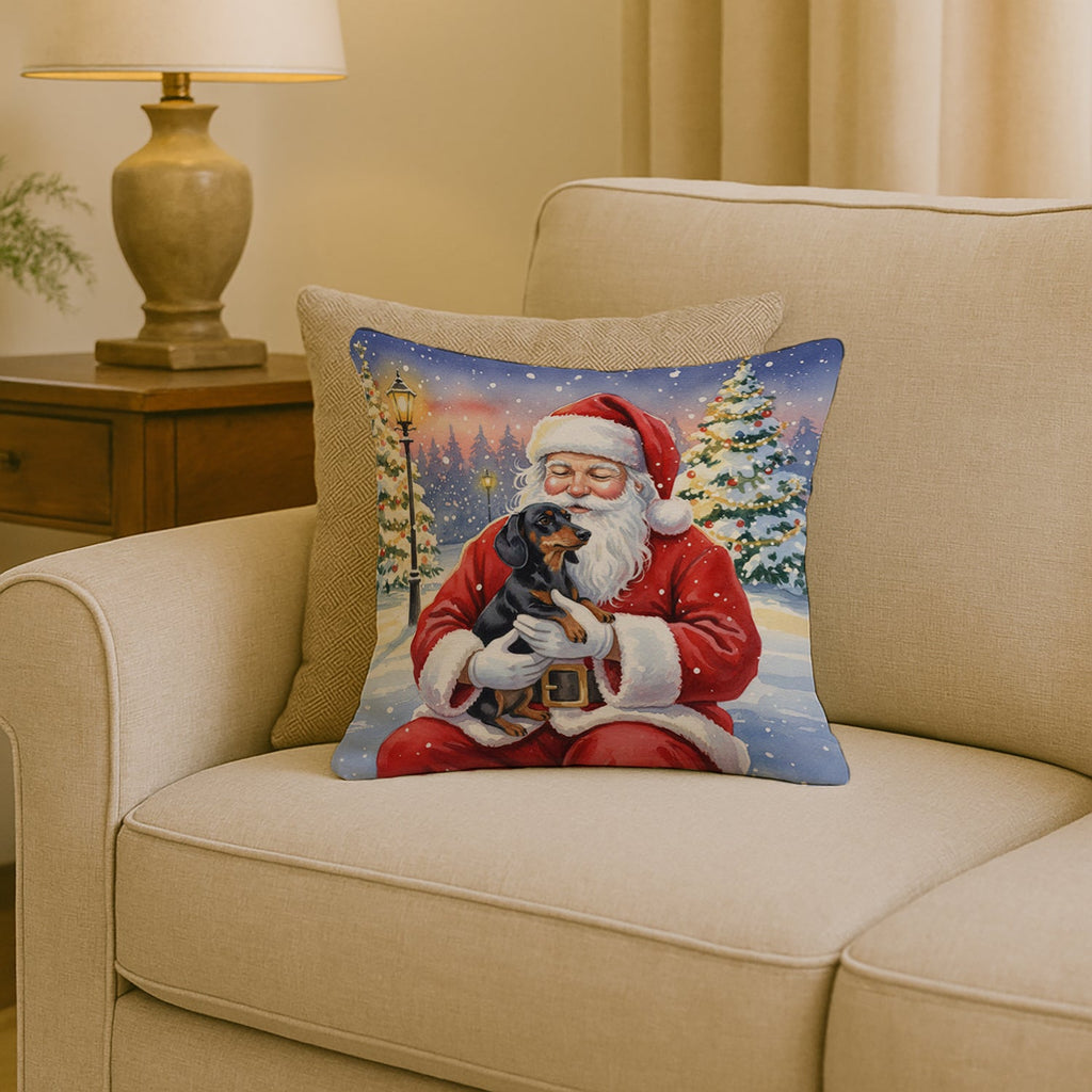Black and Tan Dachshund with Santa Claus Decorative Throw Pillow 18x18 Indoor Outdoor Accent Cushion, Fabric Cover with Insert for Sofa, Bed, Porch & Living Room