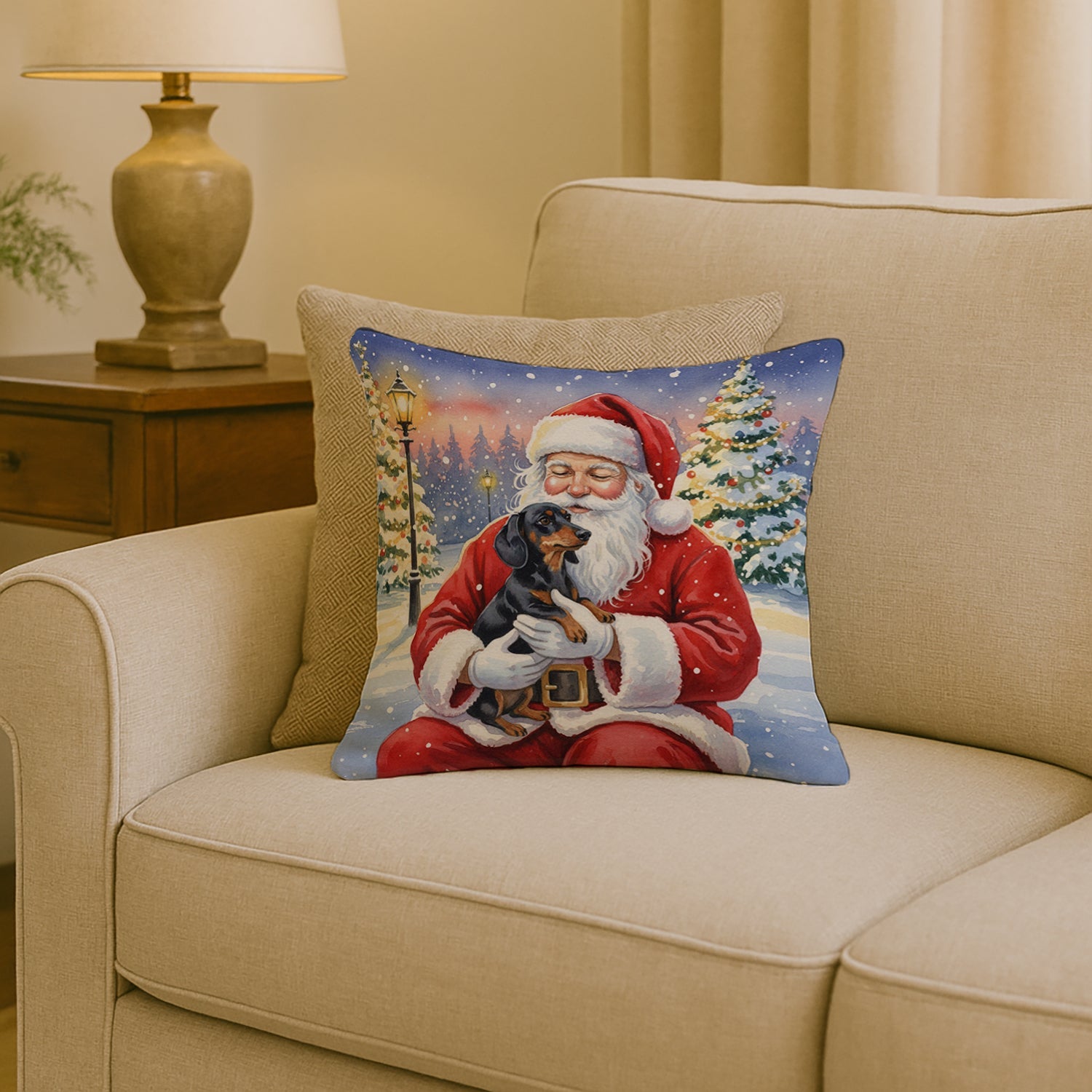Black and Tan Dachshund with Santa Claus Decorative Throw Pillow 18x18 Indoor Outdoor Accent Cushion, Fabric Cover with Insert for Sofa, Bed, Porch & Living Room