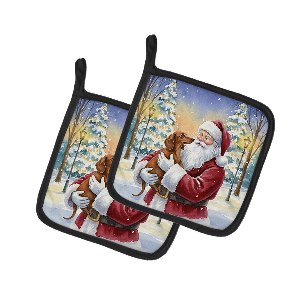 Dachshund with Santa Claus Pot Holder Set of 2 Heat Resistant Quilted Hot Pads 7.5 x 7.5 Inch, Insulated Kitchen Trivets for Cooking & Baking