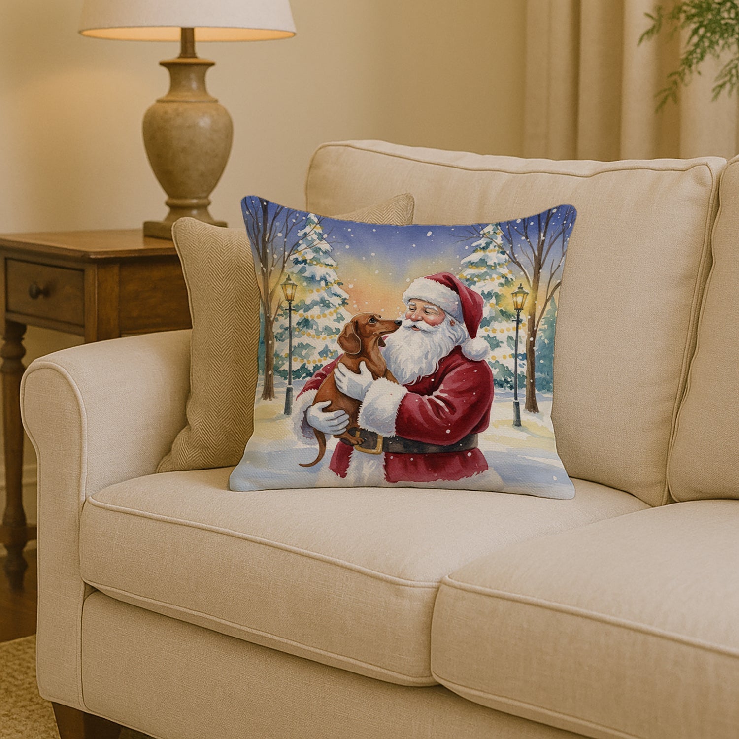 Dachshund with Santa Claus Decorative Throw Pillow 14x14 Indoor Outdoor Accent Cushion, Fabric Cover with Insert for Sofa, Bed, Porch & Living Room