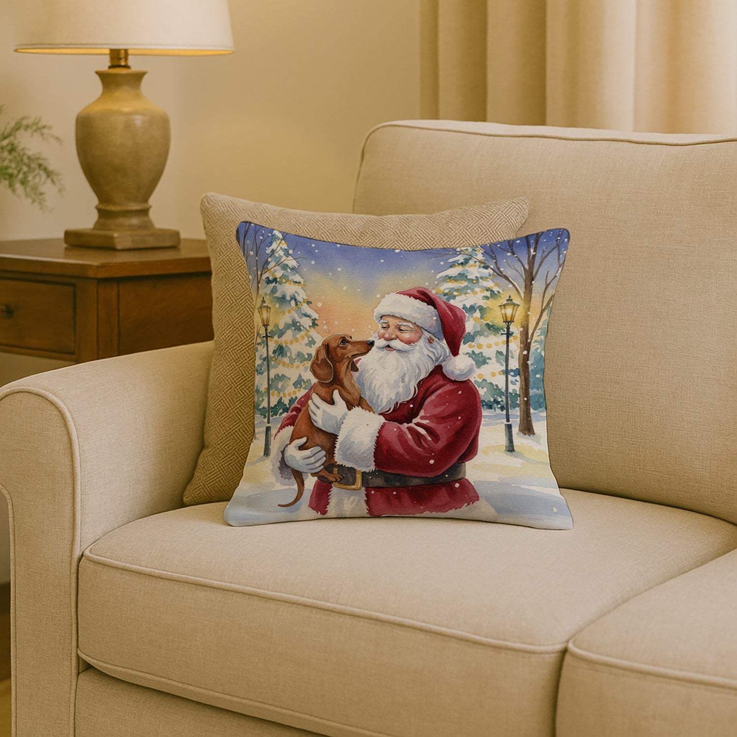 Dachshund with Santa Claus Decorative Throw Pillow 18x18 Indoor Outdoor Accent Cushion, Fabric Cover with Insert for Sofa, Bed, Porch & Living Room