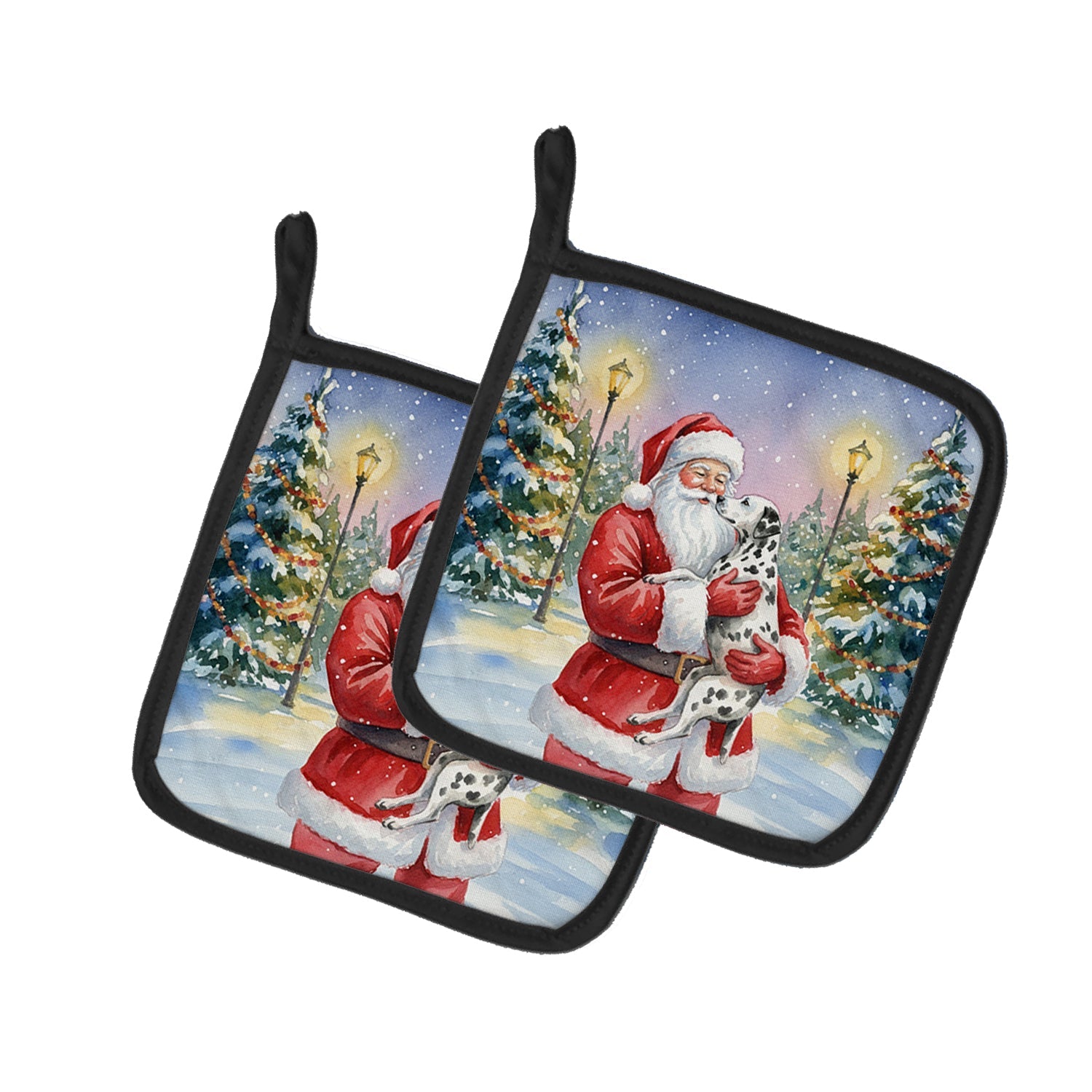 Dalmatian with Santa Claus Pot Holder Set of 2 Heat Resistant Quilted Hot Pads 7.5 x 7.5 Inch, Insulated Kitchen Trivets for Cooking & Baking