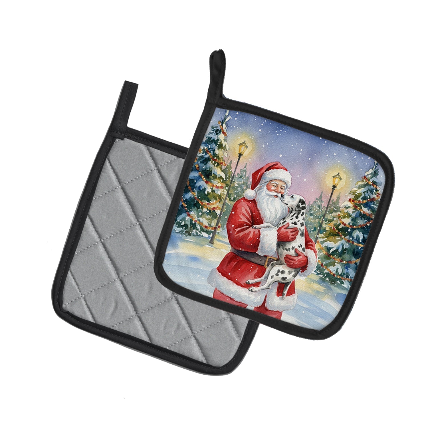 Dalmatian with Santa Claus Pot Holder Set of 2 Heat Resistant Quilted Hot Pads 7.5 x 7.5 Inch, Insulated Kitchen Trivets for Cooking & Baking