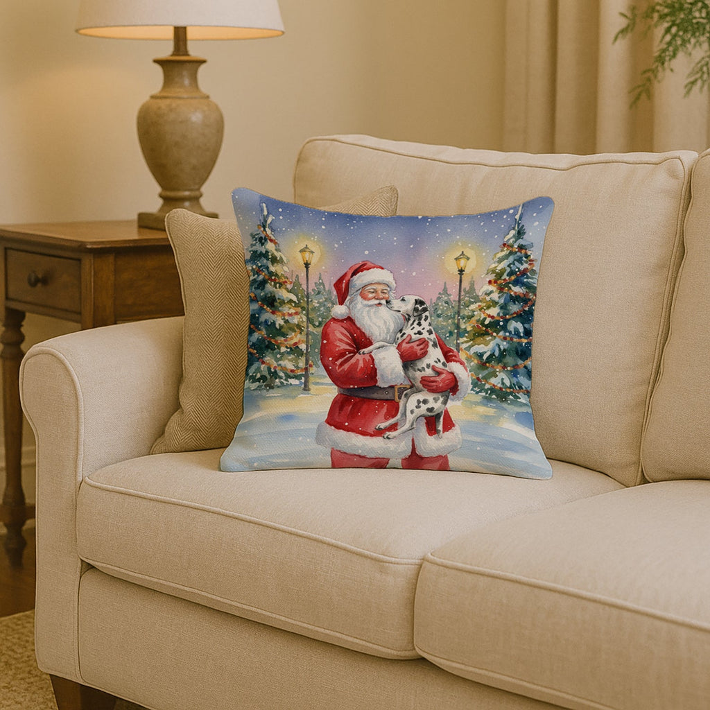 Dalmatian with Santa Claus Decorative Throw Pillow 14x14 Indoor Outdoor Accent Cushion, Fabric Cover with Insert for Sofa, Bed, Porch & Living Room