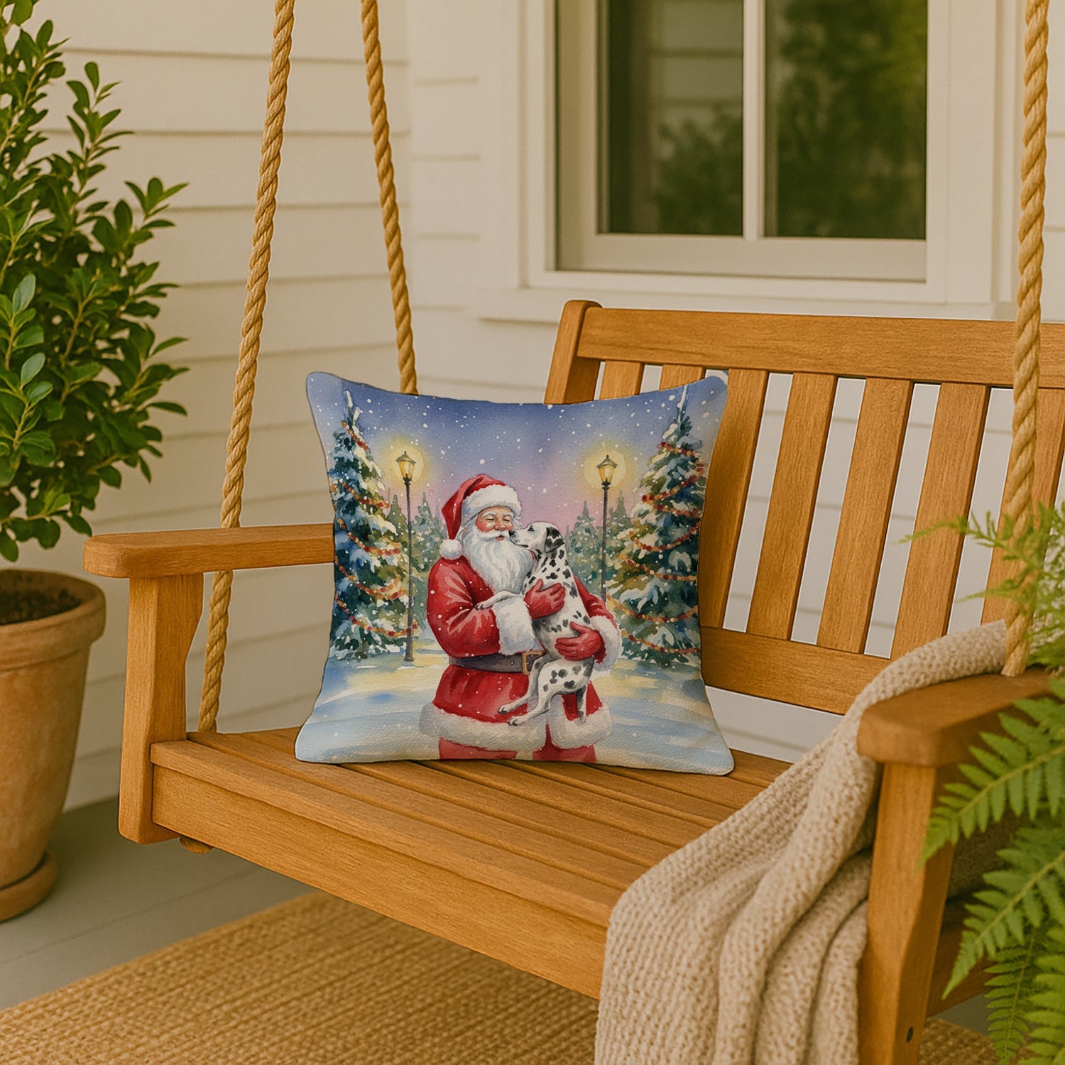 Dalmatian with Santa Claus Decorative Throw Pillow 18x18 Indoor Outdoor Accent Cushion, Fabric Cover with Insert for Sofa, Bed, Porch & Living Room
