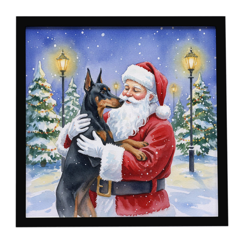 Doberman Pinscher with Santa Claus Framed Metal Print Bathroom, Kitchen, Office, Home Decor Wall Art Ready to Hang, Square, 8X8