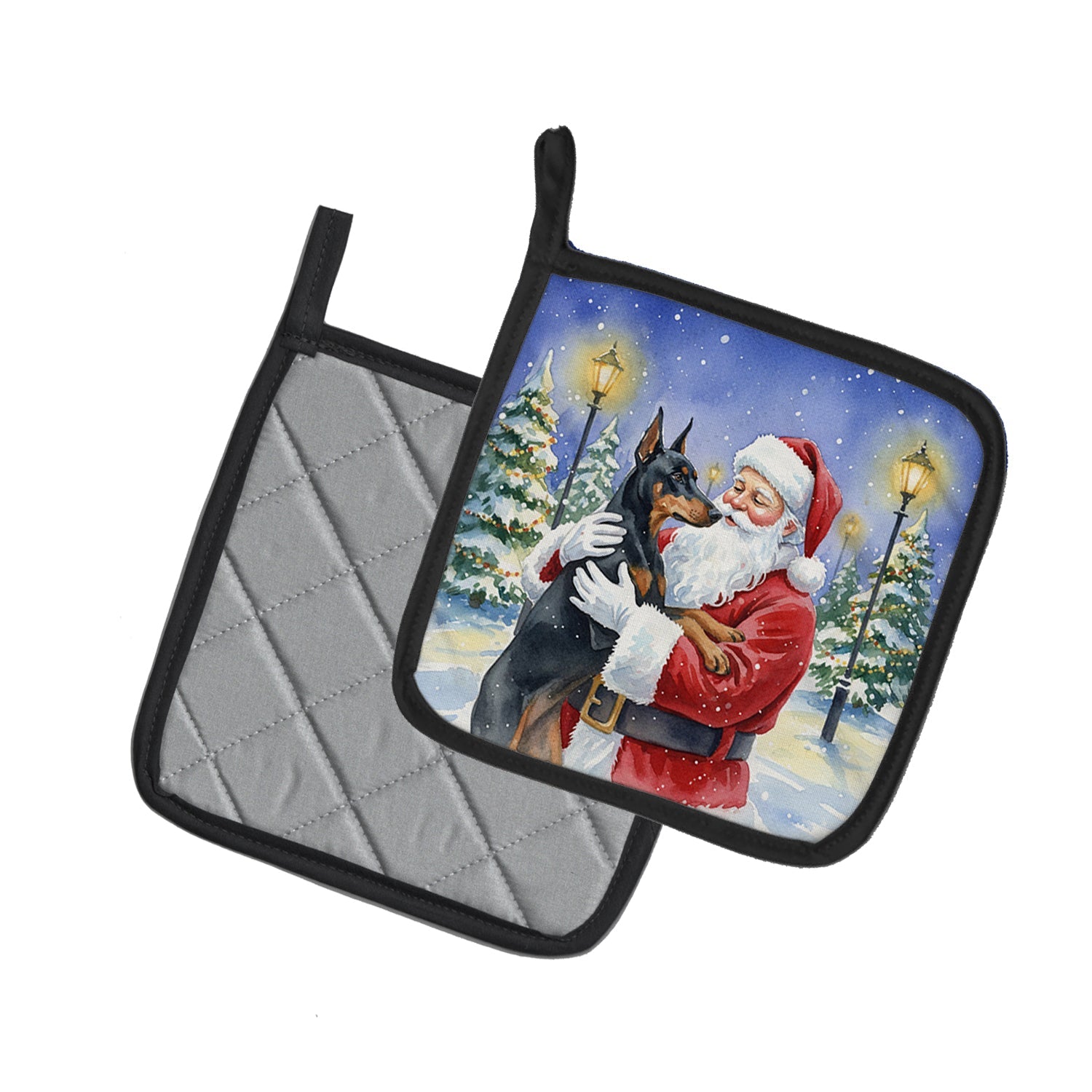 Doberman Pinscher with Santa Claus Pot Holder Set of 2 Heat Resistant Quilted Hot Pads 7.5 x 7.5 Inch, Insulated Kitchen Trivets for Cooking & Baking