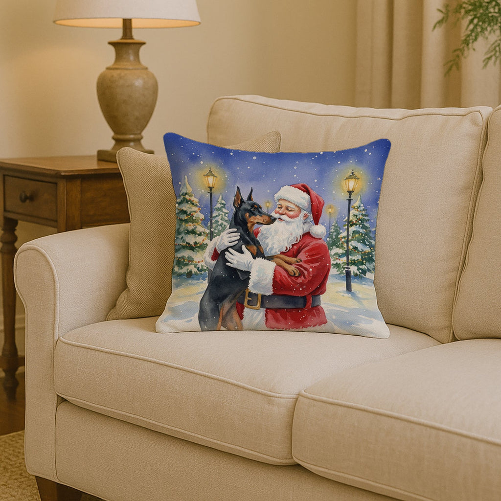 Doberman Pinscher with Santa Claus Decorative Throw Pillow 14x14 Indoor Outdoor Accent Cushion, Fabric Cover with Insert for Sofa, Bed, Porch & Living Room