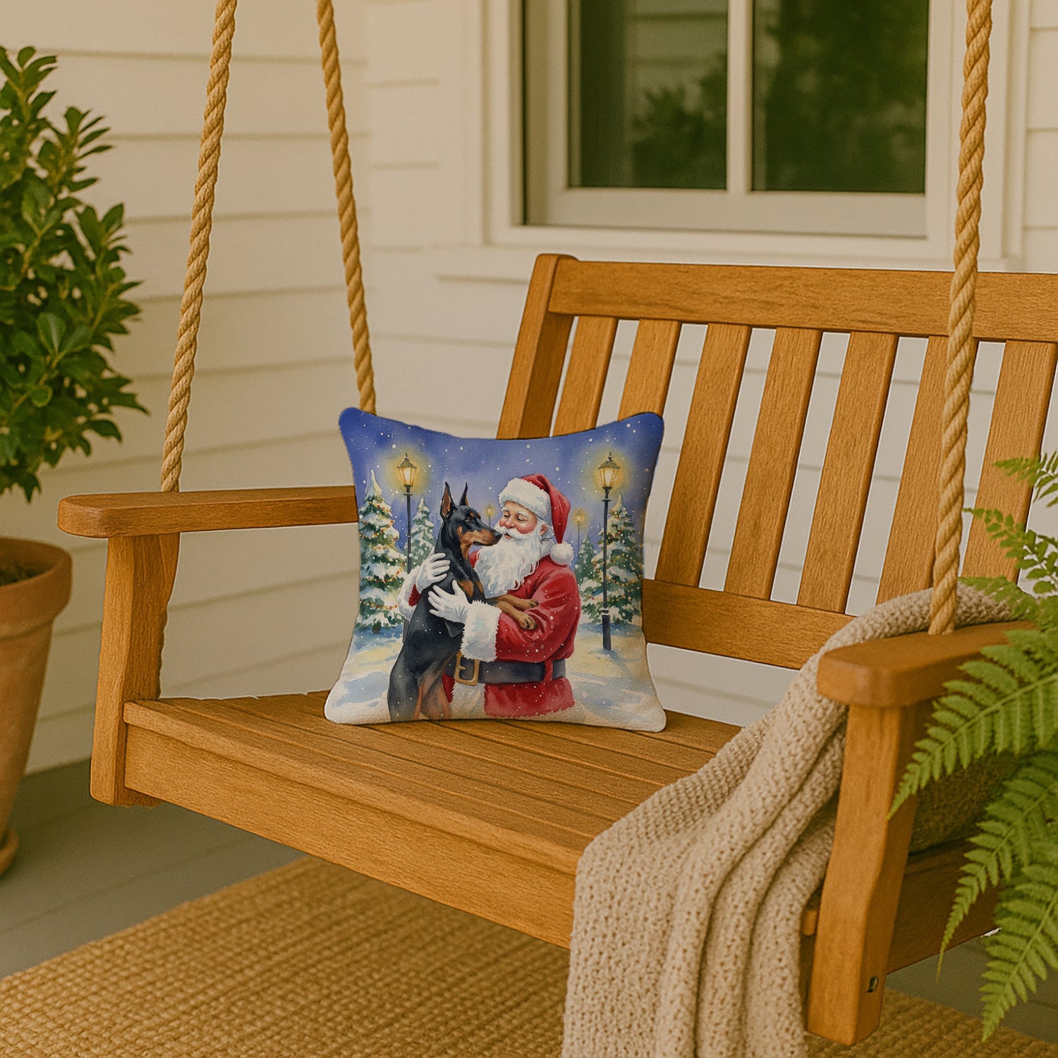 Doberman Pinscher with Santa Claus Decorative Throw Pillow 14x14 Indoor Outdoor Accent Cushion, Fabric Cover with Insert for Sofa, Bed, Porch & Living Room