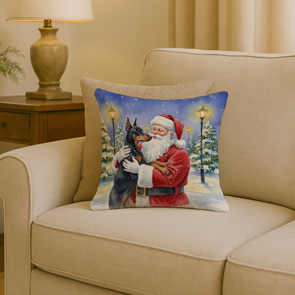 Doberman Pinscher with Santa Claus Decorative Throw Pillow 18x18 Indoor Outdoor Accent Cushion, Fabric Cover with Insert for Sofa, Bed, Porch & Living Room