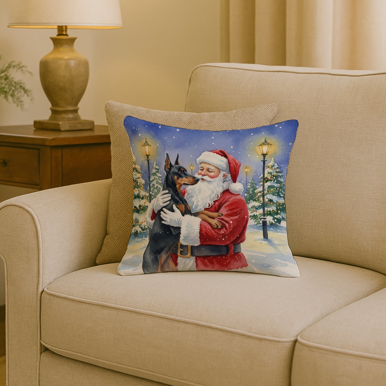 Doberman Pinscher with Santa Claus Decorative Throw Pillow 18x18 Indoor Outdoor Accent Cushion, Fabric Cover with Insert for Sofa, Bed, Porch & Living Room