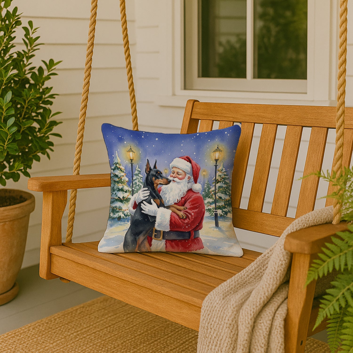 Doberman Pinscher with Santa Claus Decorative Throw Pillow 18x18 Indoor Outdoor Accent Cushion, Fabric Cover with Insert for Sofa, Bed, Porch & Living Room