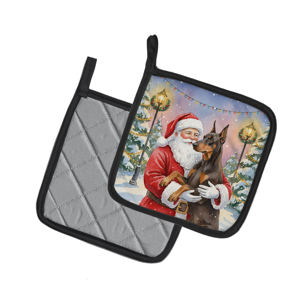 Fawn Doberman Pinscher with Santa Claus Pot Holder Set of 2 Heat Resistant Quilted Hot Pads 7.5 x 7.5 Inch, Insulated Kitchen Trivets for Cooking & Baking
