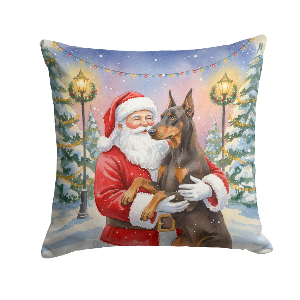Fawn Doberman Pinscher with Santa Claus Decorative Throw Pillow 14x14 Indoor Outdoor Accent Cushion, Fabric Cover with Insert for Sofa, Bed, Porch & Living Room