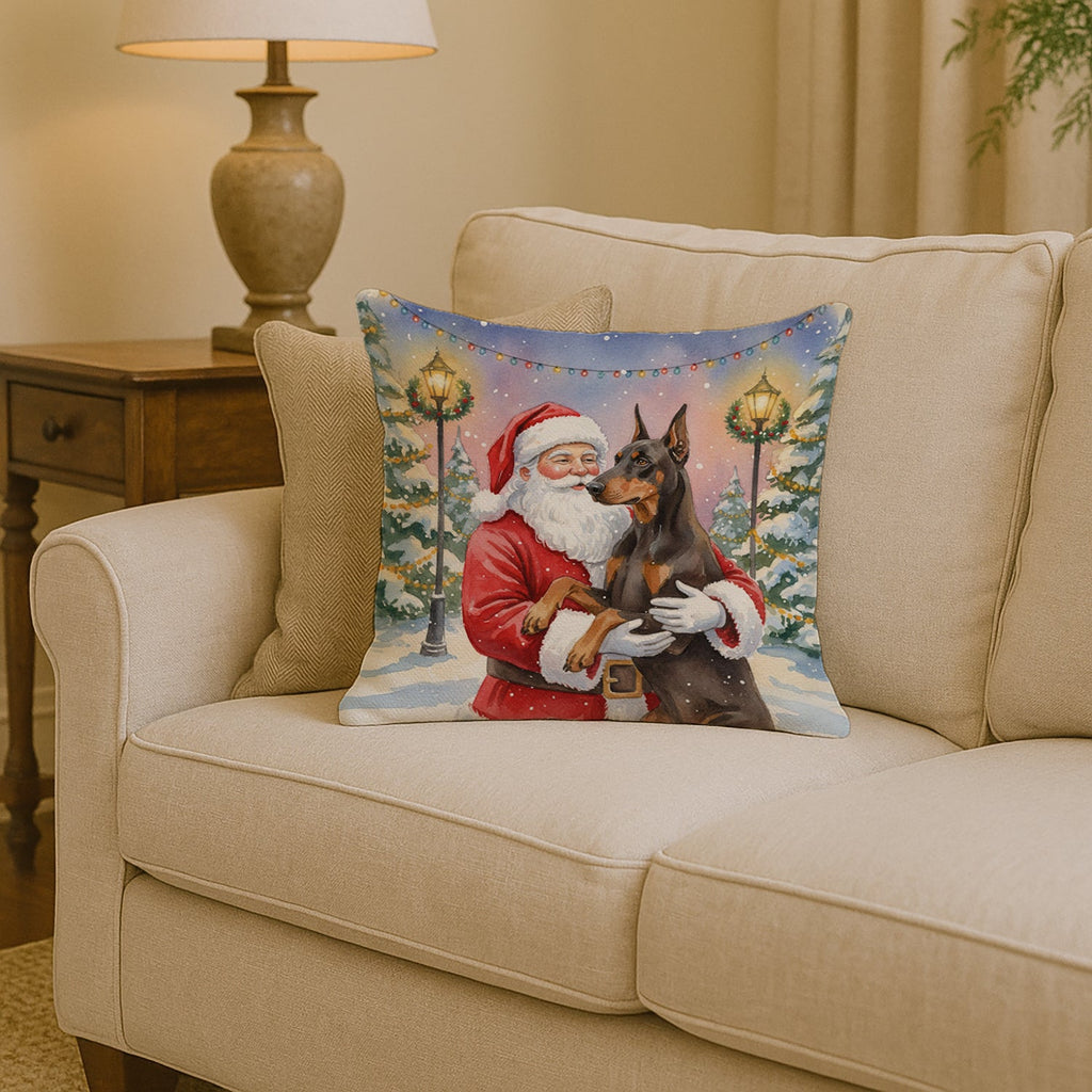 Fawn Doberman Pinscher with Santa Claus Decorative Throw Pillow 14x14 Indoor Outdoor Accent Cushion, Fabric Cover with Insert for Sofa, Bed, Porch & Living Room