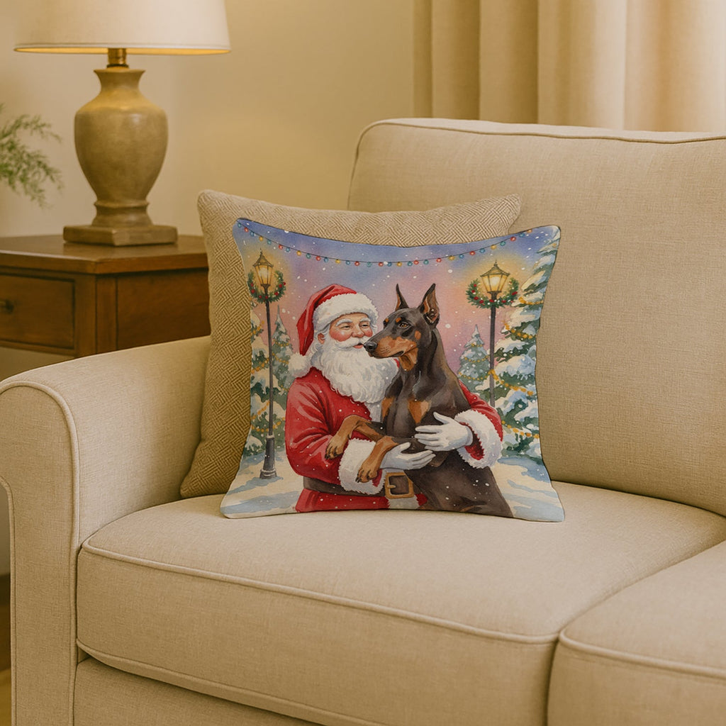 Fawn Doberman Pinscher with Santa Claus Decorative Throw Pillow 18x18 Indoor Outdoor Accent Cushion, Fabric Cover with Insert for Sofa, Bed, Porch & Living Room