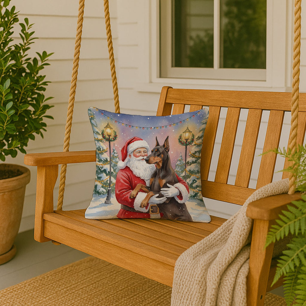 Fawn Doberman Pinscher with Santa Claus Decorative Throw Pillow 18x18 Indoor Outdoor Accent Cushion, Fabric Cover with Insert for Sofa, Bed, Porch & Living Room